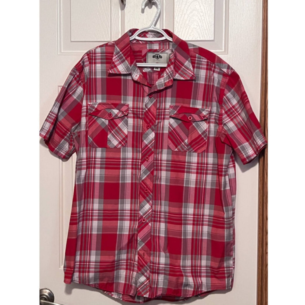 P J Mark Make Your Mark Men's Short Sleeve Button Front Red Plaid Shirt Size 2XL